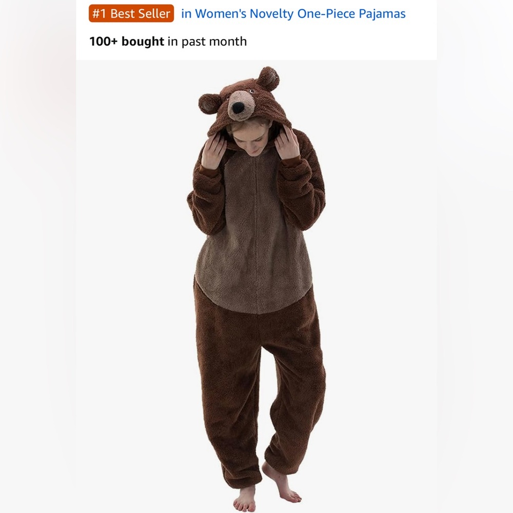 Unisex Adult Halloween Costume Teddy Bear, Zipper Closure With Hoodie, Pajamas